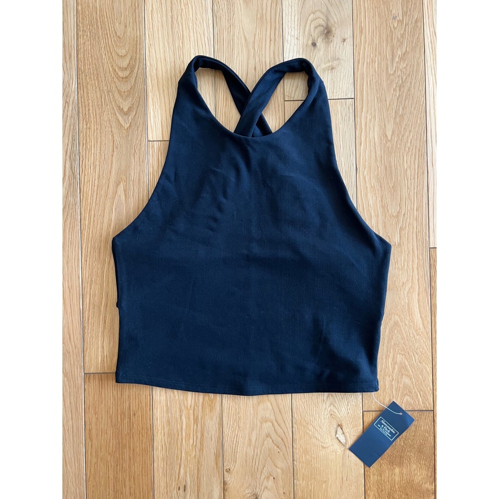NEW Abercrombie & Fitch Cropped High Neck Cross Back Black Tank Womens Size S